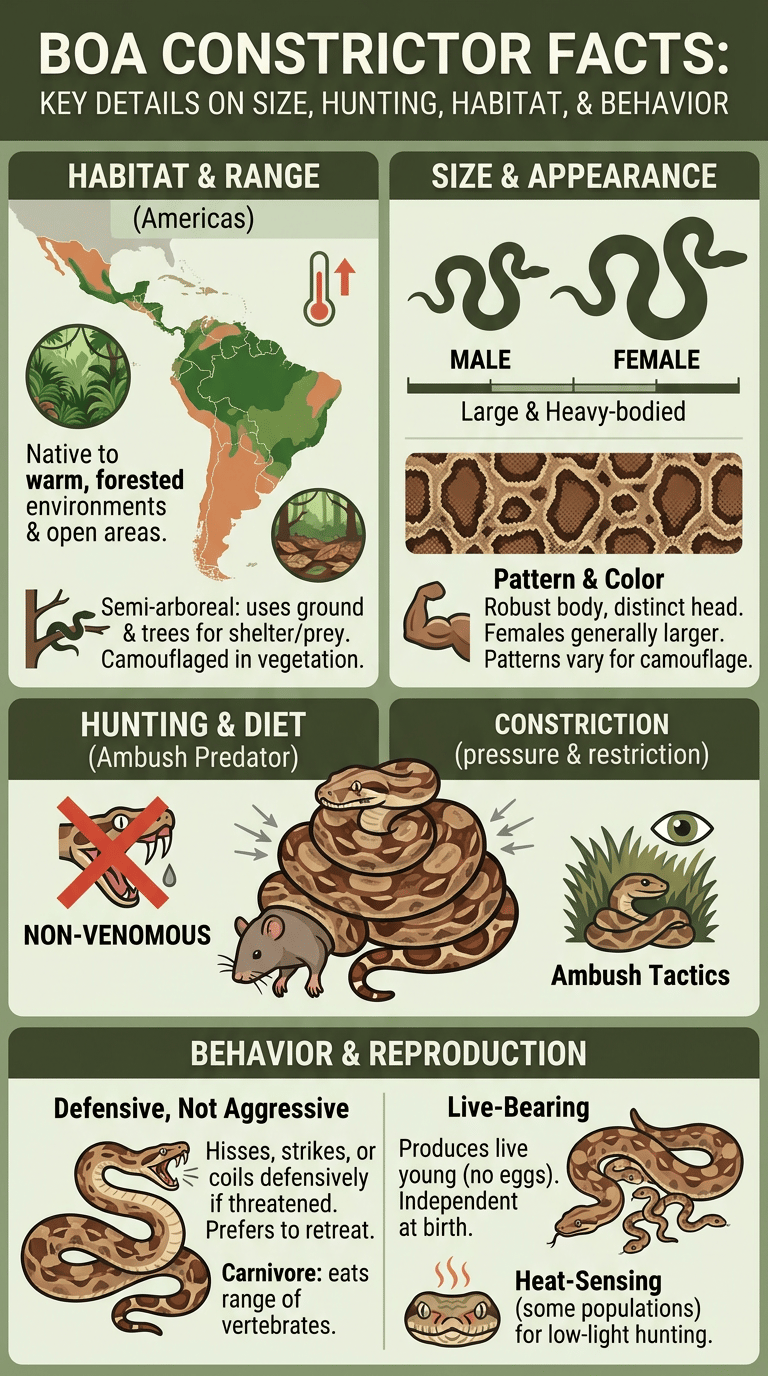 Boa Constrictor Snake Facts: Size, Hunting, Habitat, and Behavior infographic