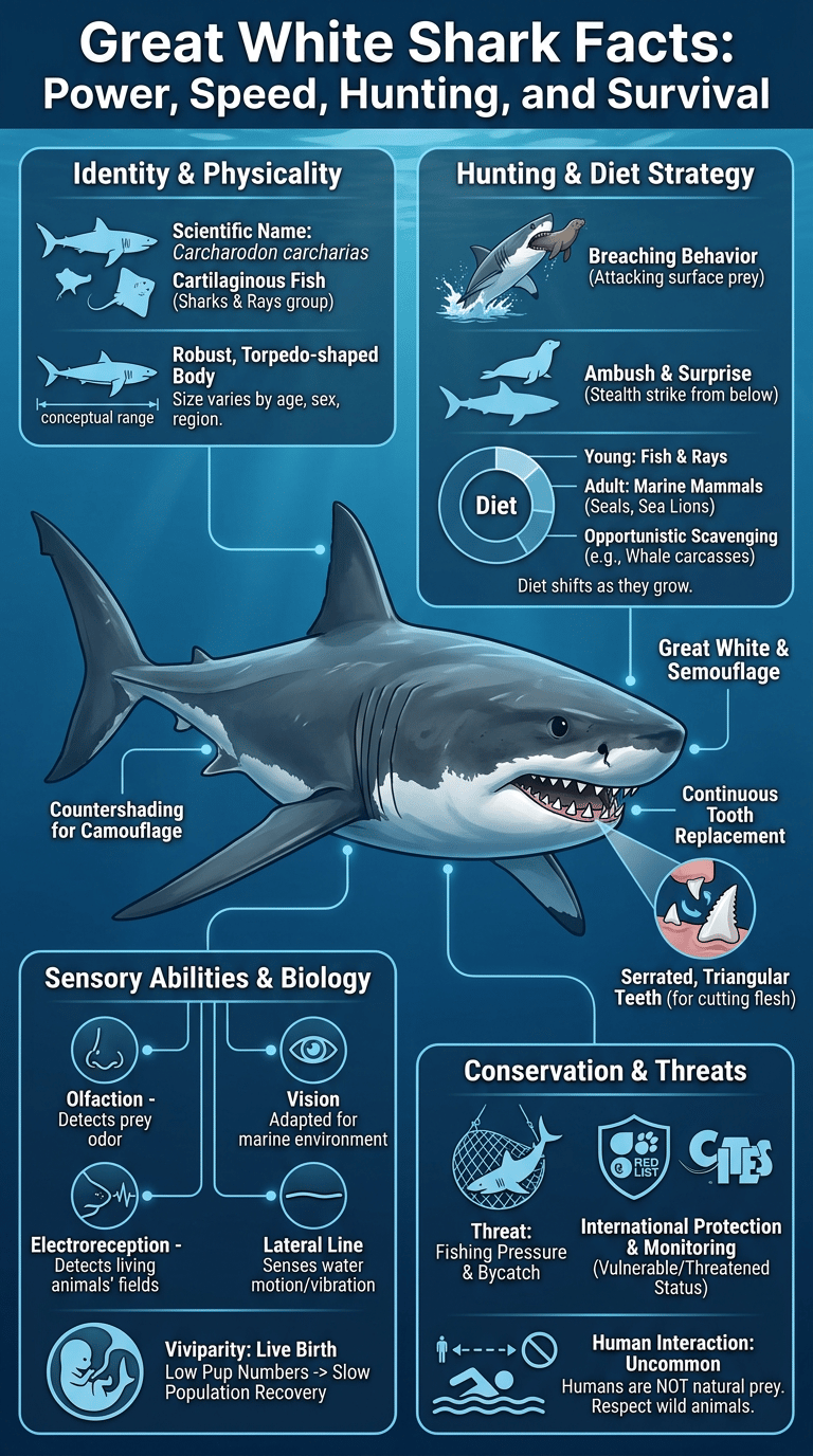 Great White Shark Facts: Power, Speed, Hunting, and Survival infographic