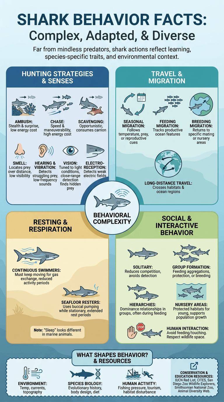 Shark Behavior Facts: How Sharks Hunt, Travel, Rest, and Survive infographic