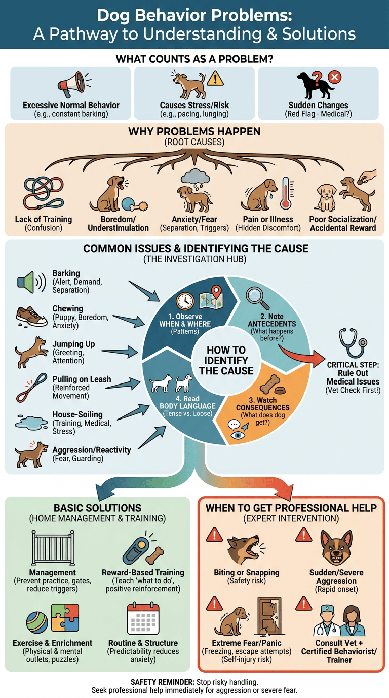 Dog Behavior Problems: Common Issues, Causes, and Solutions infographic