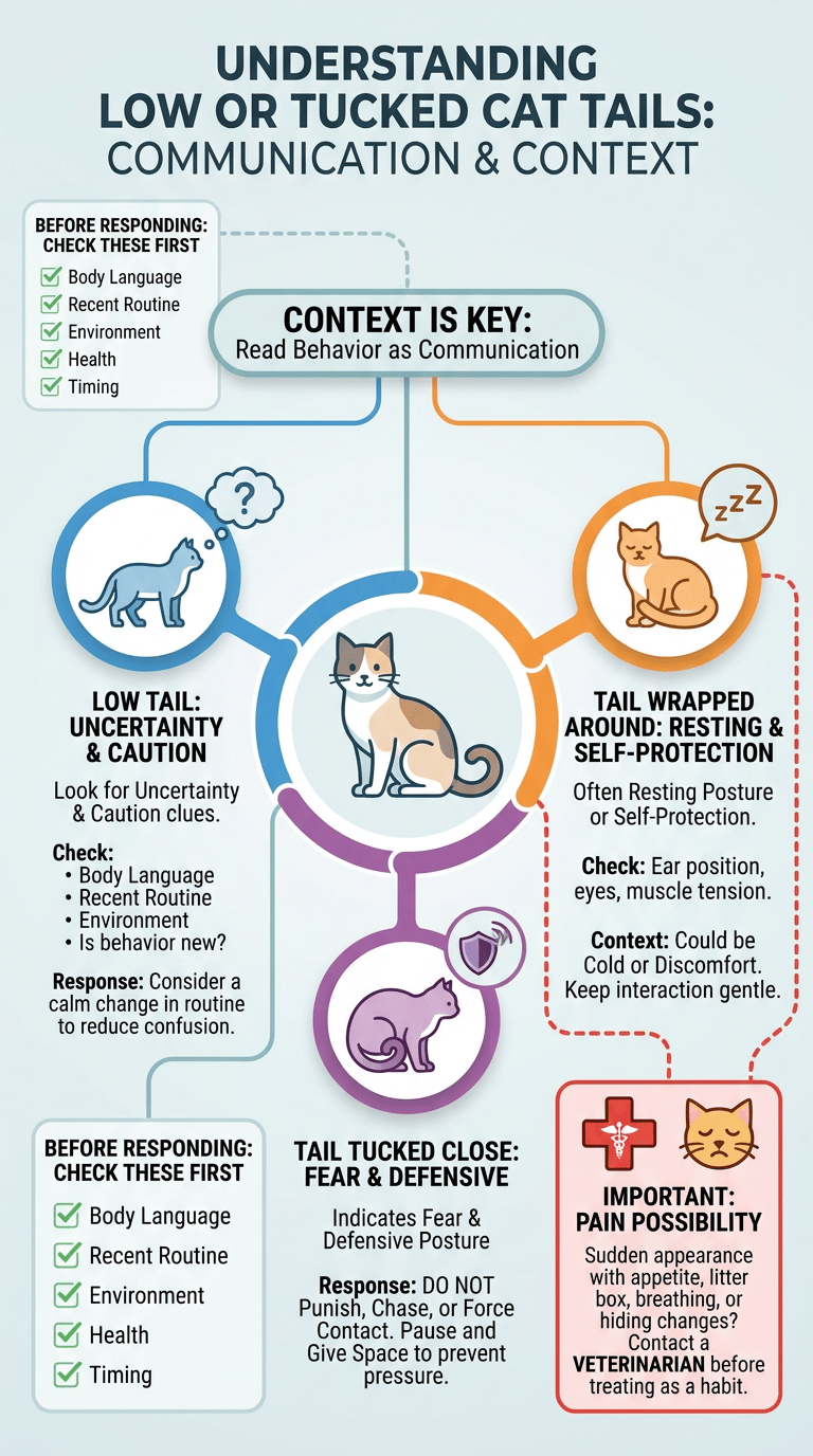 Cat Tail Language: What Your Cat's Tail Is Telling You Low or Tucked Cat Tail infographic
