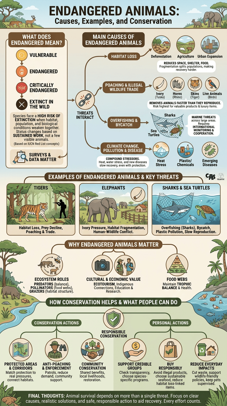 Endangered Animals: Causes, Examples, and Conservation infographic