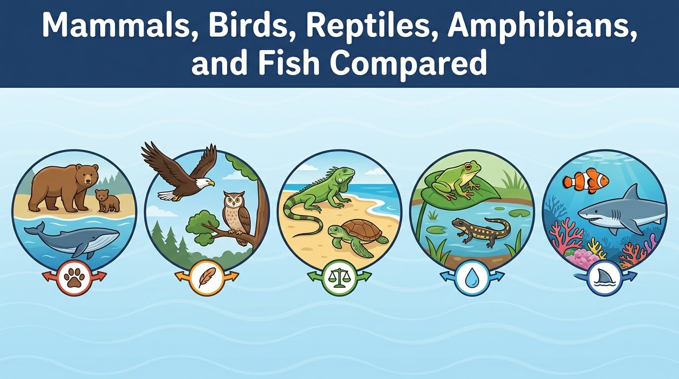 Mammals, Birds, Reptiles, Amphibians, and Fish Compared