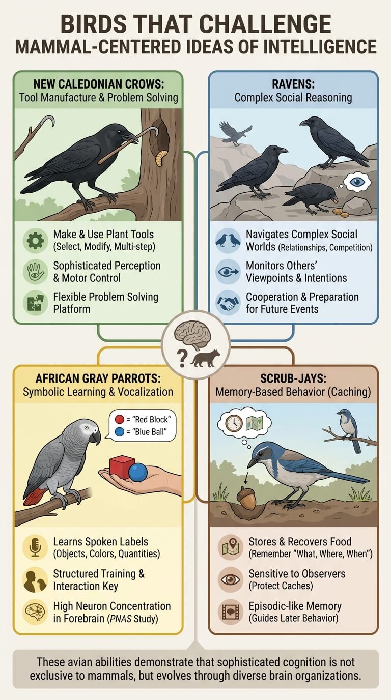 Birds That Challenge Mammal-Centered Ideas of Intelligence
