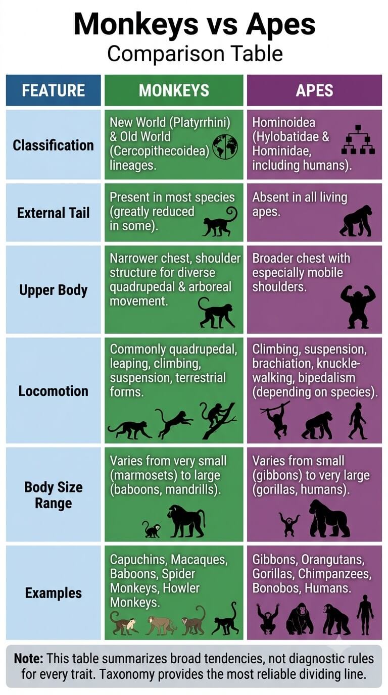 Monkeys vs Apes Comparison Table