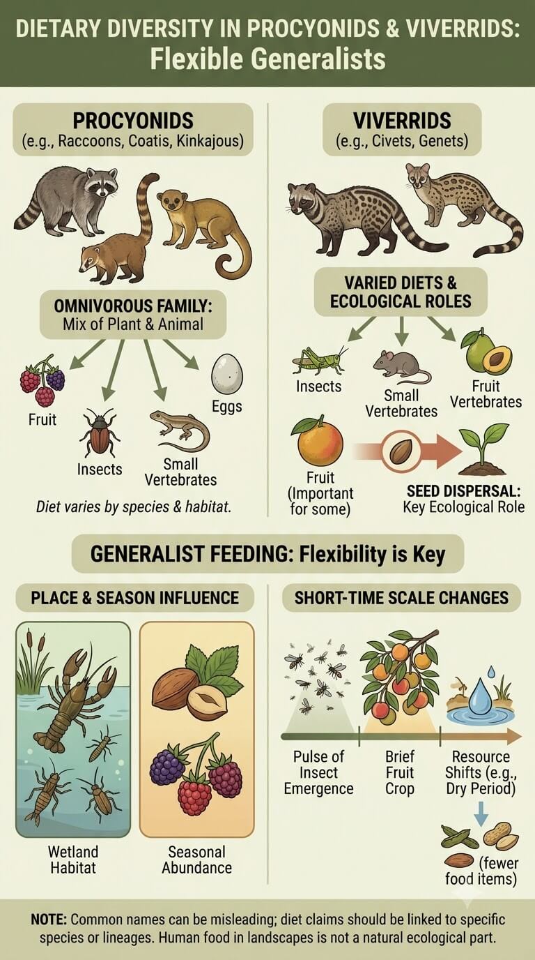 Fruit, Invertebrates, and Mixed Diets in Procyonids and Viverrids