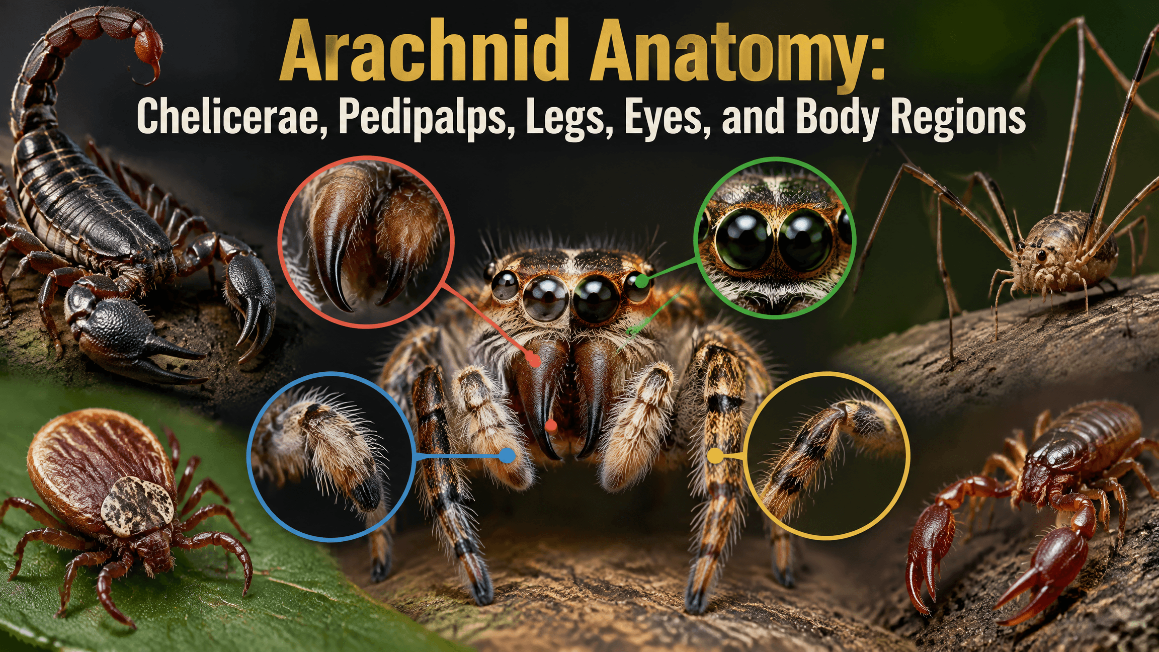 Arachnid Anatomy: Chelicerae, Pedipalps, Legs, Eyes, and Body Regions