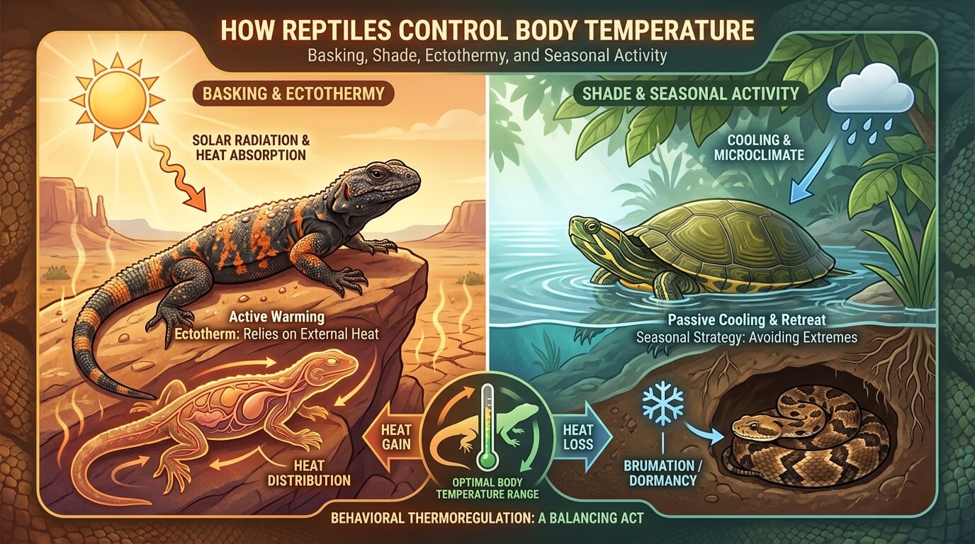 How Reptiles Control Body Temperature: Basking, Shade, Ectothermy, and Seasonal Activity