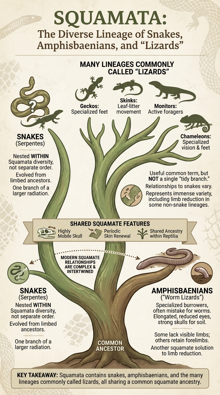 Squamata: Snakes, Amphisbaenians, and the Many Lineages Commonly Called Lizards