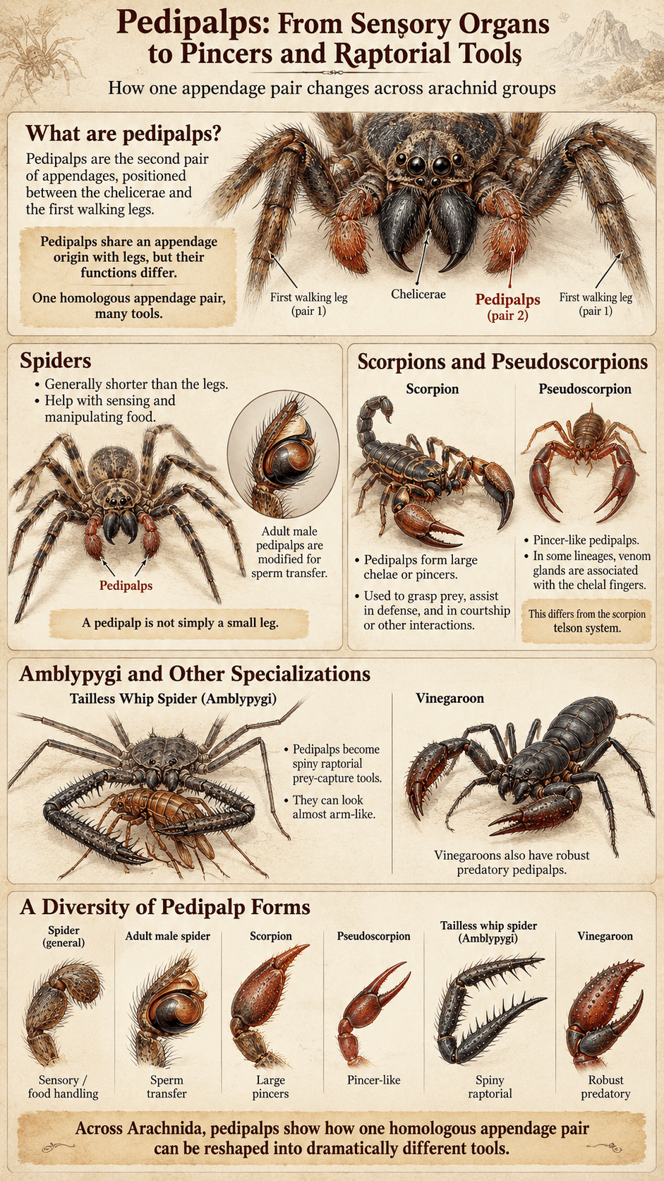 Pedipalps: From Sensory Organs to Pincers and Raptorial Tools