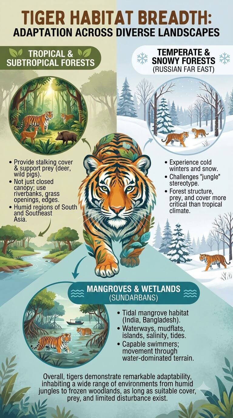 Tigers Occupy Tropical Forests, Mangroves, and Snowy Woodlands