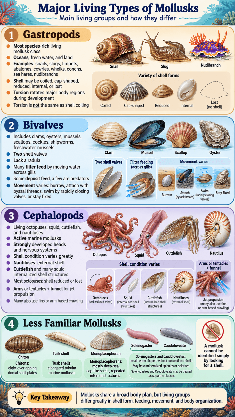 The Major Living Types of Mollusks