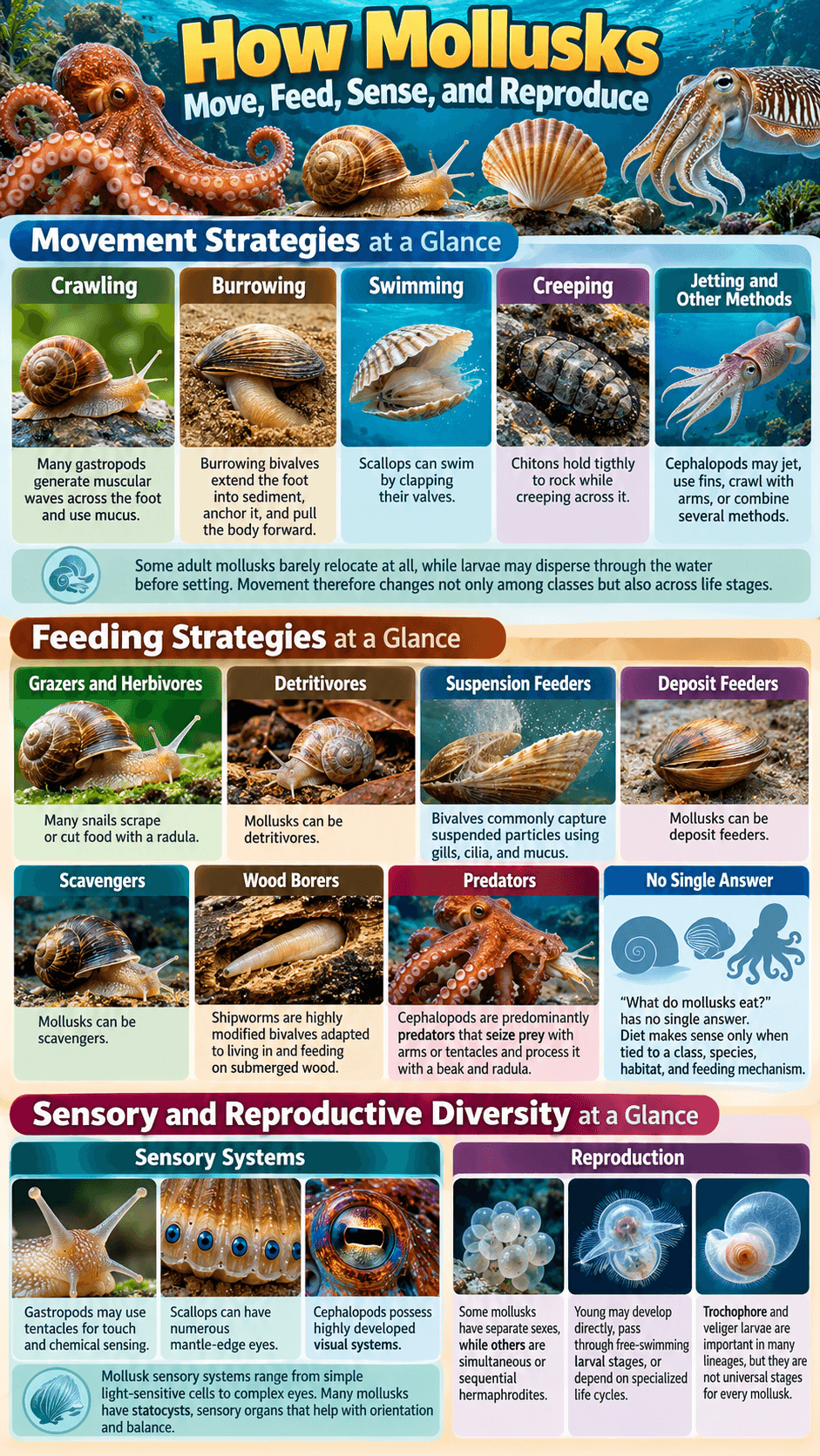How Mollusks Move, Feed, Sense, and Reproduce