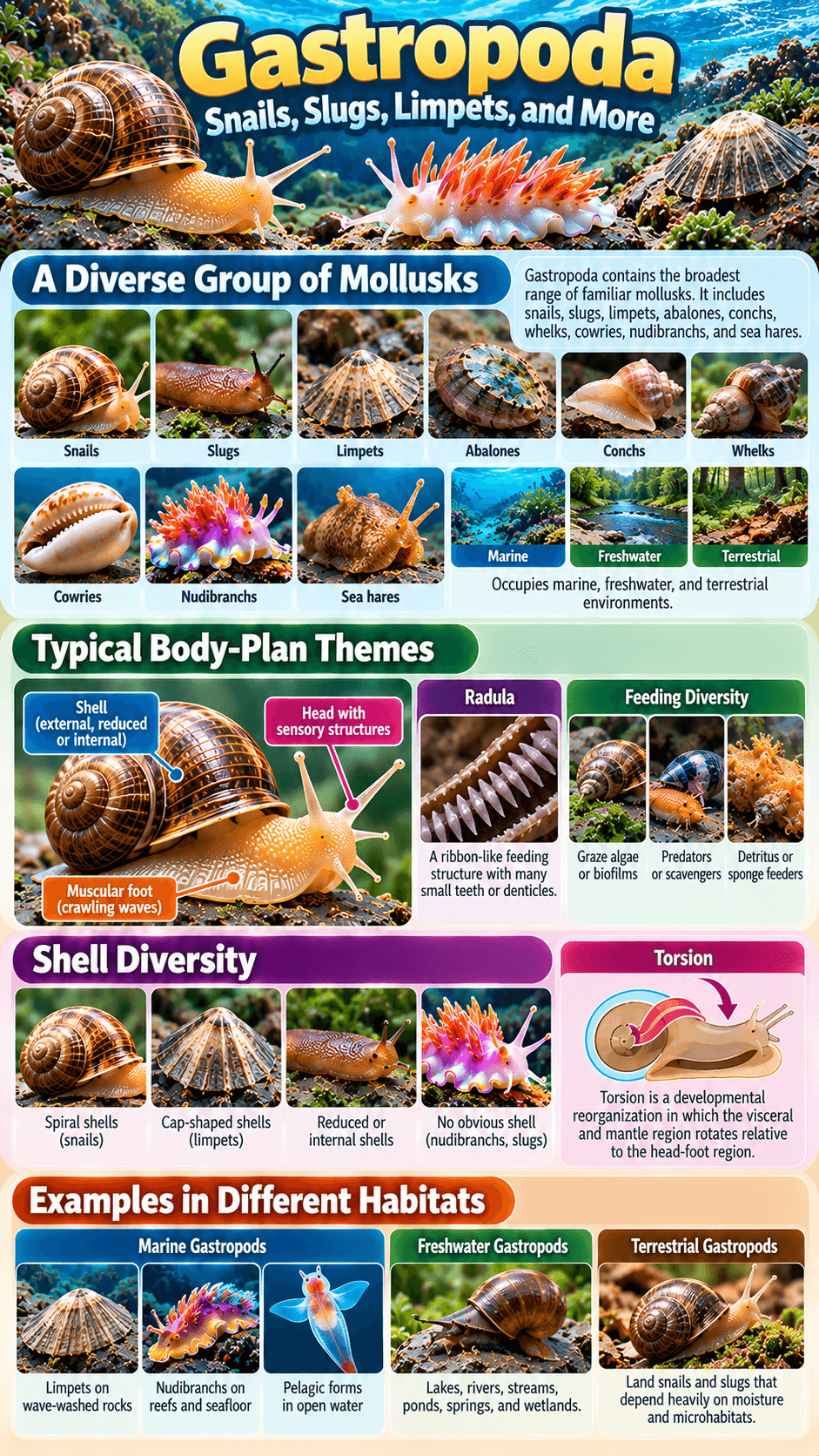 Gastropoda: Snails, Slugs, Limpets, and More